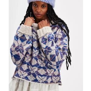 Free People Argyle Fair Isle Sweater Cropped Thick Oversized Cozy Size Small NWT